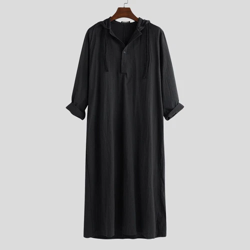 Arabisches lockeres Kleid Herren Langarm Thobe Kaftan Kapuze Robe Muslim Saudi Islamisch - Bild 11 von 22