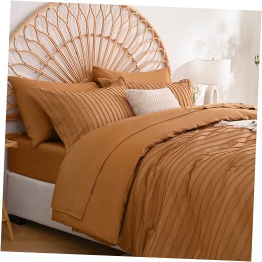 Comforter Set - 3 Pieces Rust Striped Tufted Bedding Queen 04 - Rust - Striped-image