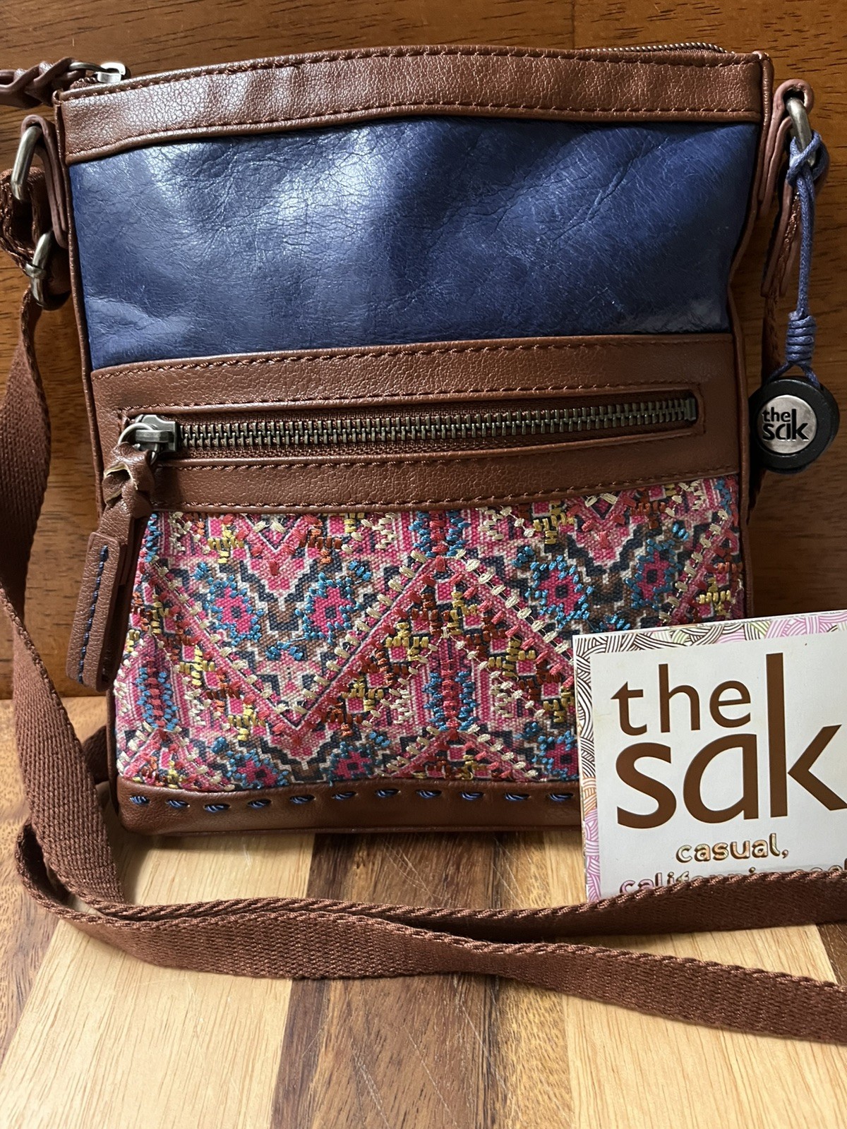 THE SAK Women's PAX Handbag Purse blue Leather Multicolor Stitched Swing Pack
