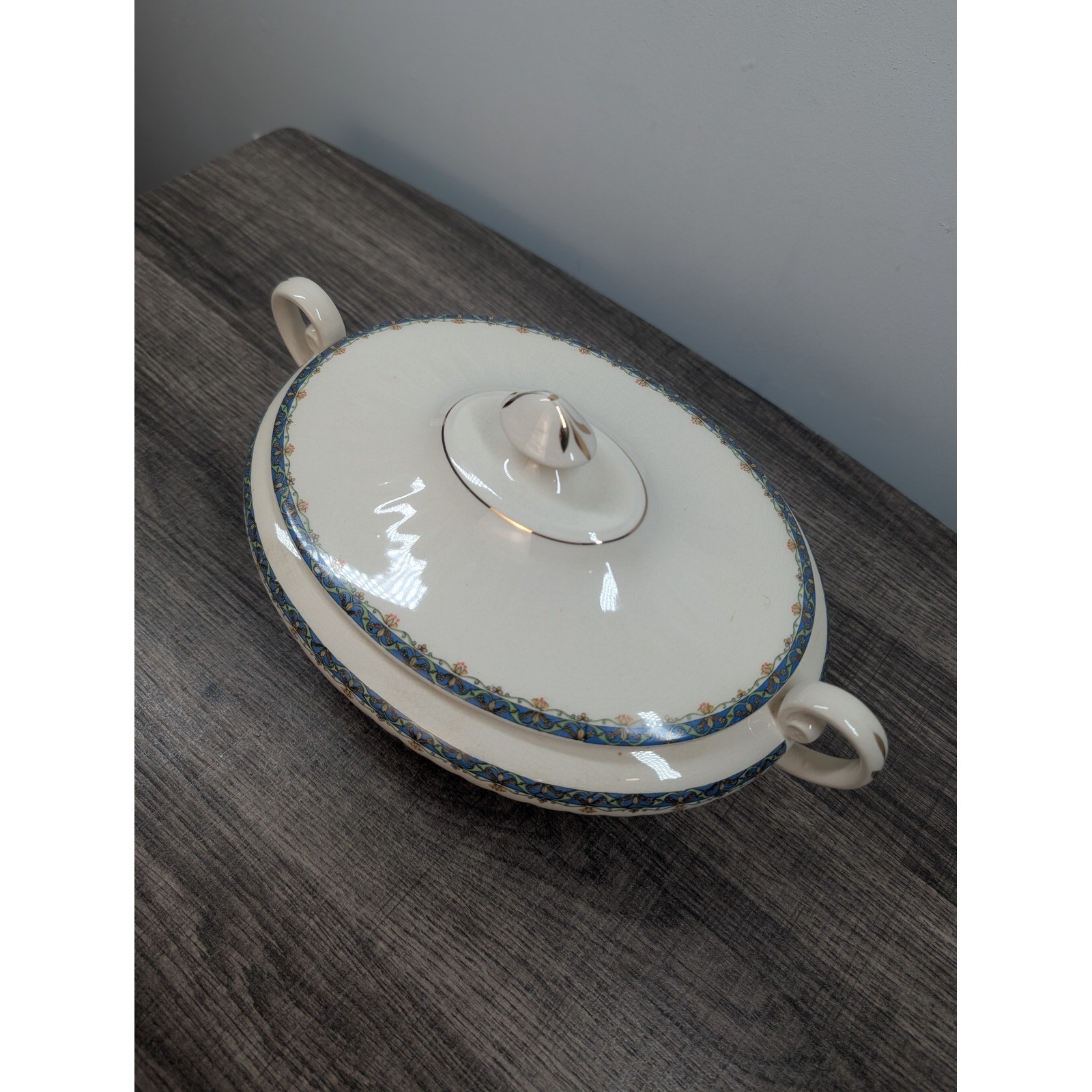 Oxford Ivory Covered Tureen Serving Dish Blue Floral Gold Rim Vintage