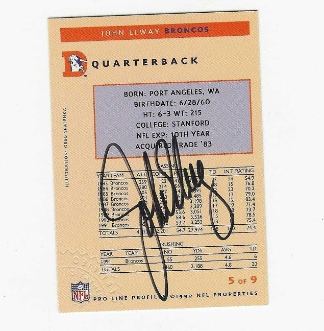 Tarjeta firmada por John Elway 1992 con certificación Proline ¡5 de 9 casi nueva! Foto 2 de 2