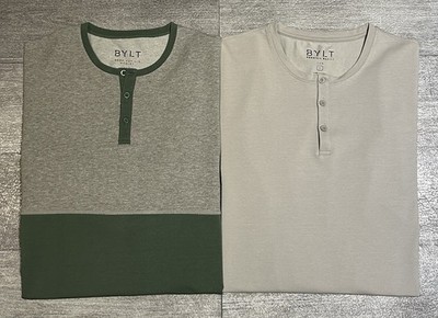Lot Of 2 BYLT Basics Drop Cut Lux Performance Henley Shirts Men s L Green/Gray