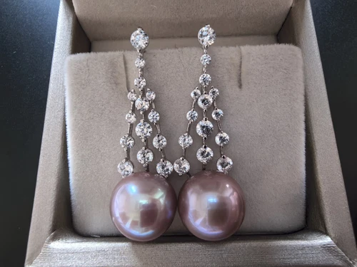 pair of  11-12mm  south sea round lavender pearl dangle earring 925s(t)