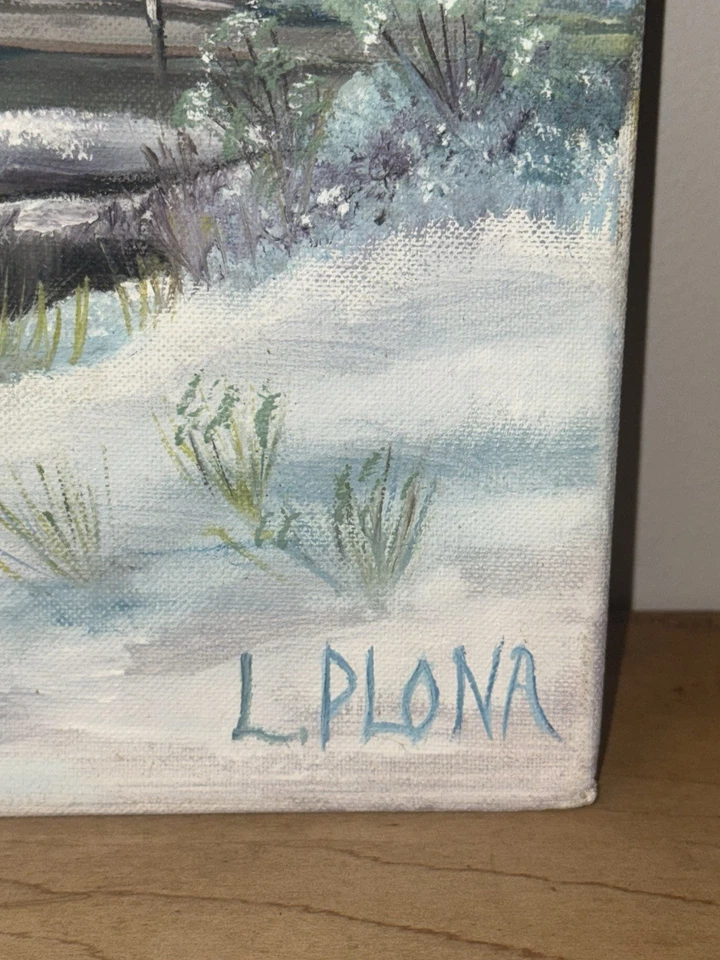 Original Oil Painting Bob Ross Style Winter Cabin Landscape Signed L. Palona - Image 4 of 4