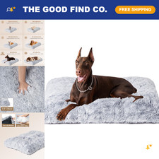 XXL Fluffy Dog Crate Bed - Plush Grey Pillow for Large Dogs, Cozy  Soft