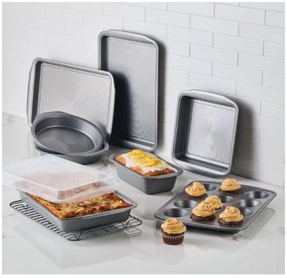 10 Piece Non-Stick Bakeware Set Gray Heavy Gauge Steel Warp Resistant Oven Safe