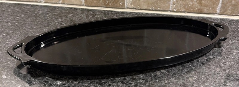 1930s L.E. SMITH 15" Oval Black Glass Dresser Perfume Tray Hollywood Regency