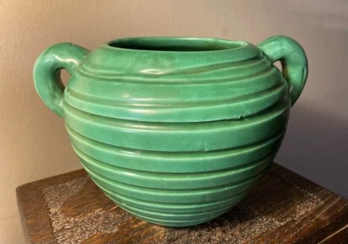 Matte Green pottery 2-handled vase from the 1920s.