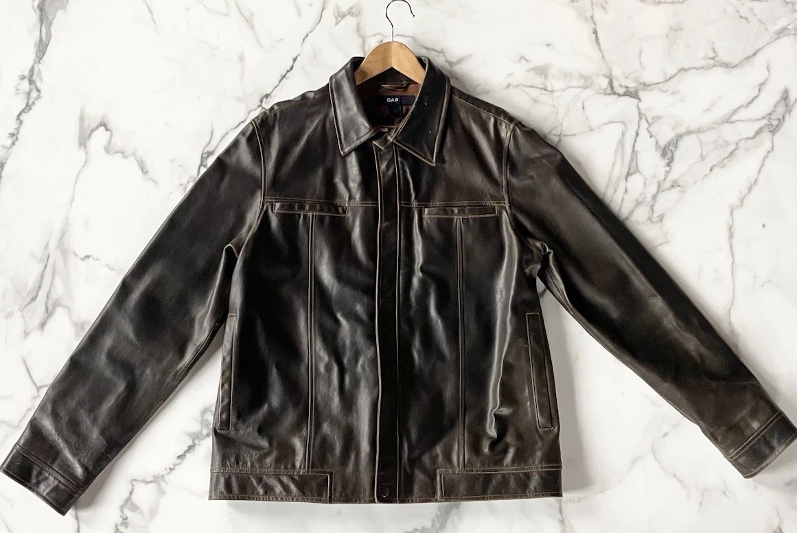 Vintage 2002 Gap Jacket Leather Aviator Snap Button Lined Brown Mens Medium Y2K image 1