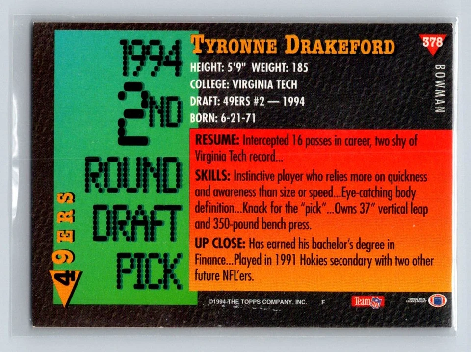 1994 Bowman #378 Tyronne Drakeford San Francisco 49ers Rookie - Image 2 of 2