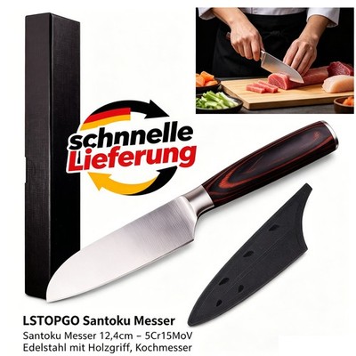 LSTOPGO Santoku Messer 12,4cm   5Cr15MoV Edelstahl mit Holzgriff, Kochmesser