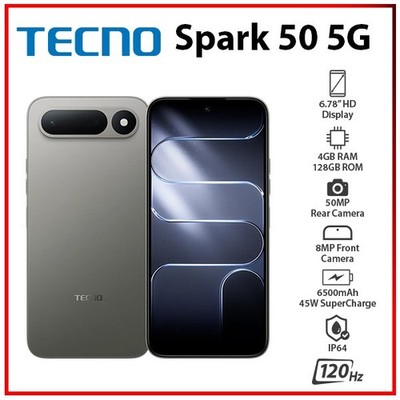 (New) TECNO Spark 50 5G 4GB+128GB GREY Dual SIM Unlocked Android Mobile Phone
