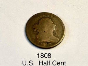 1808 Draped Bust Half Cent 1/2C Stems Copper Business Strike Phila BN