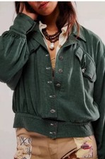 Free People Billy Saddle Cropped Lightweight Linen Jacket Green Size Large New