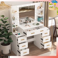 Vanity Desk with Mirror and Lights,Makeup Vanity Table with 7 Drawers,Nightstand