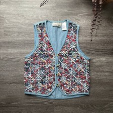 Vtg Casey  Max Women's Denim Vest S Blue/Red Button-Up Cotton Waist Back Ties