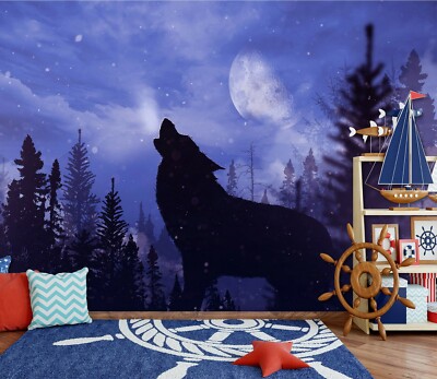 3D Night Moon Wolf A12097 Animal Wallpaper Mural Self-adhesive Removable Amy