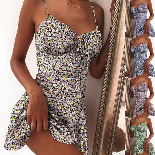 Sexy figurbetontes Damen-Mini-Trägerkleid Blumen Spaghettiträger Party Clubwear Kleid↷ - Bild 7 von 57
