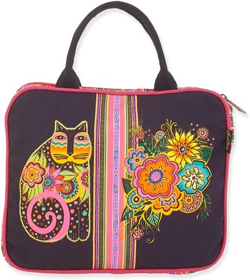 Laurel Burch Blossoming Feline Cat with Flowers and Stripes Cosmetic Travel Tote