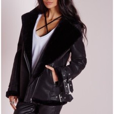 Missguided Black Faux Shearling Lined Aviator Coat Jacket Size 8