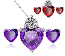 925 Sterling Silver Heart Amethyst Red CZ Pendant Necklace Stud Earrings Set K65