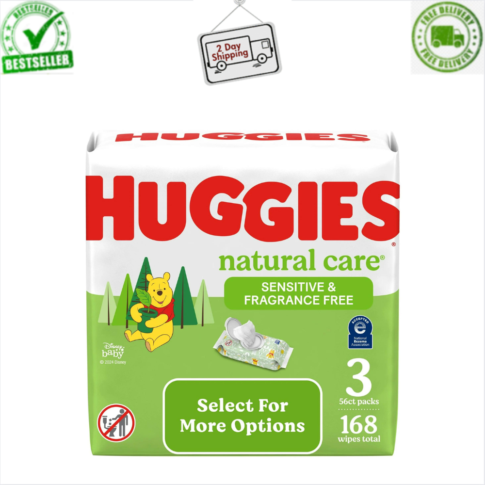 Huggies Natural Care Sensitive Baby Wipes, Unscented, 3 Pack, 168 Total, White