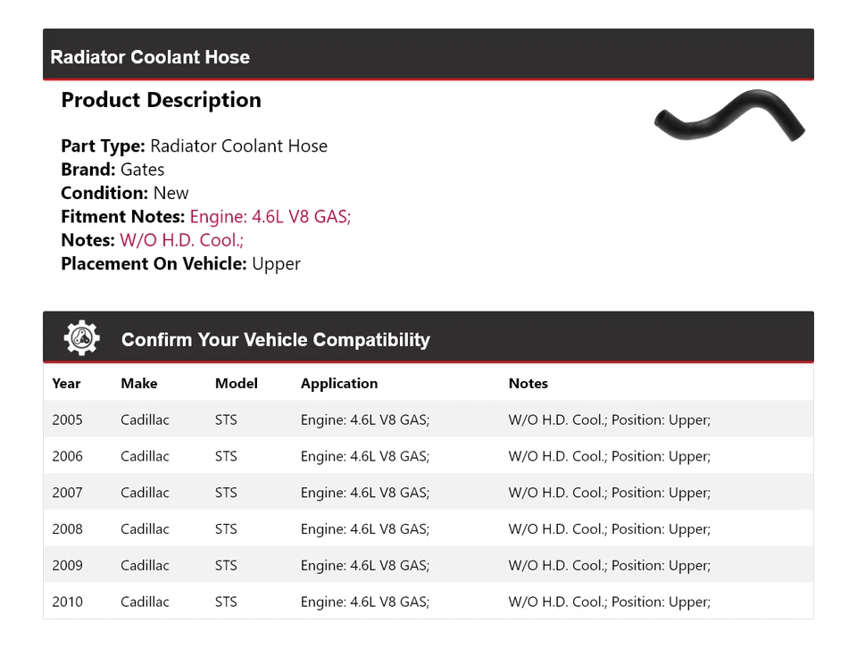 Manguera de refrigerante de radiador de gasolina para Cadillac STS 2005-2010 4,6 L V8 2006 Foto 2 de 4