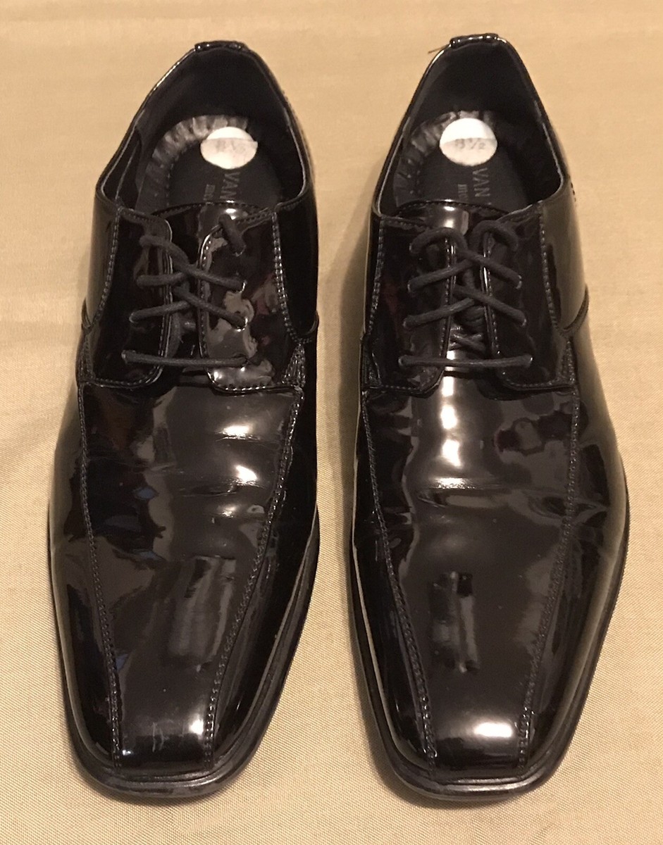 Van Heusen Mens Oxford Black Patent Leather Dress Shoes Square Toe