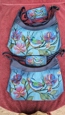 Anuschka Hand Painted Leather Lonesome Bird Denim Shoulder Bag w/ Card Case