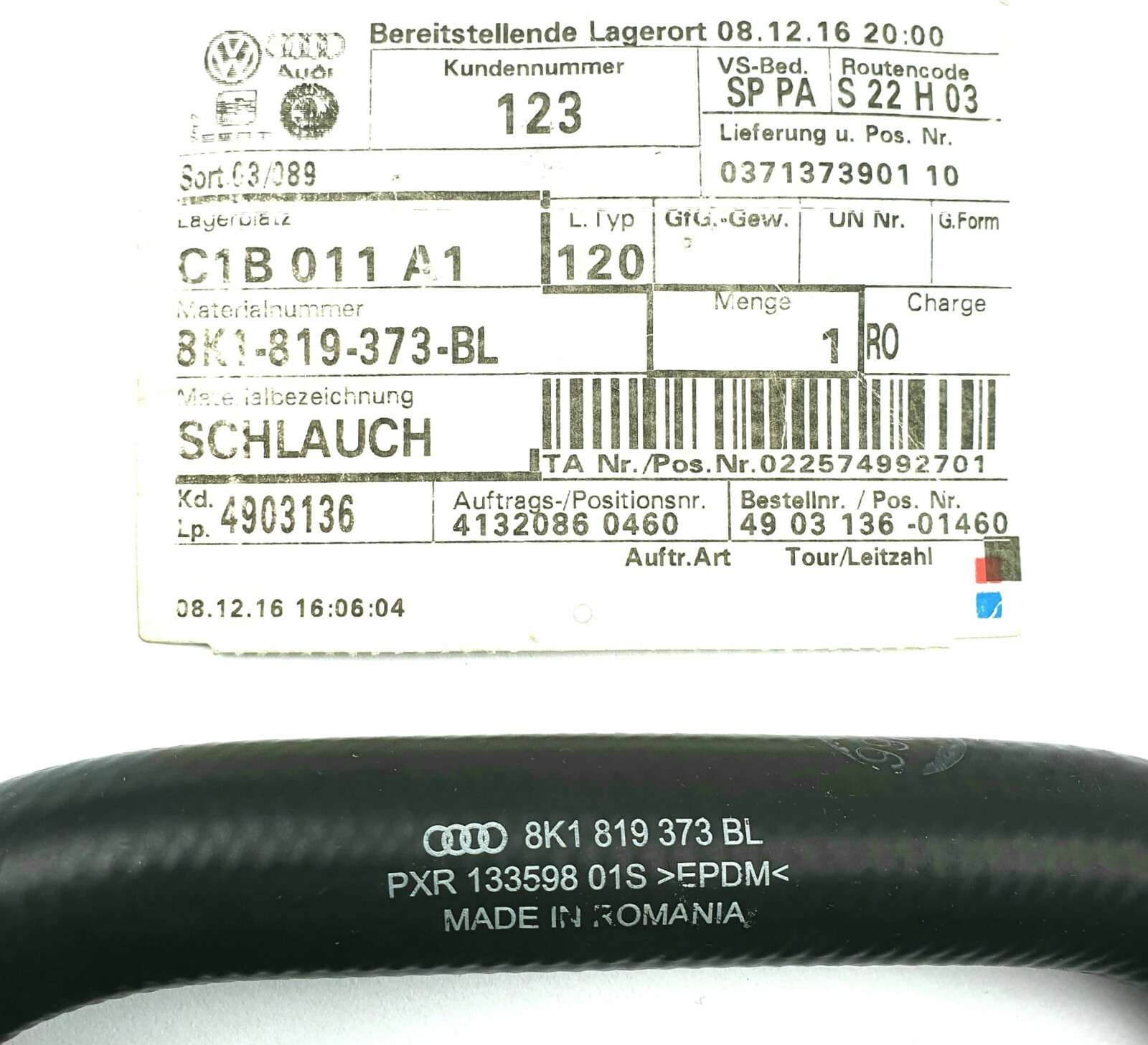 Original Volkswagen 8K1819373BL Coolant Hose Front Audi A4(B8), A5  