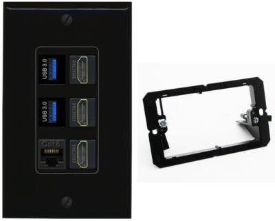 RiteAV 3 Port HD 2 Port USB 3.0 1 CAT6-RJ45 Wall Plate - Bracket [Black/Black]