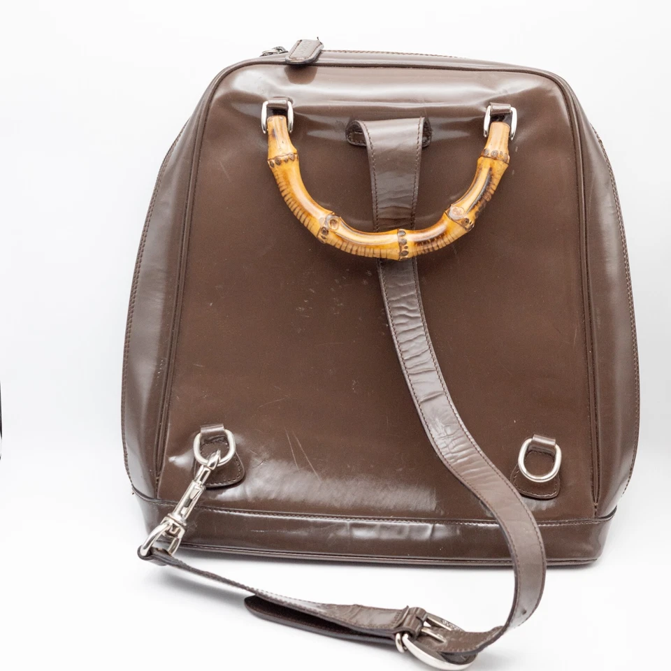 GUCCI Mochila Bambú Nylon Charol Marrón Un Hombro Auténtica Foto 2 de 4