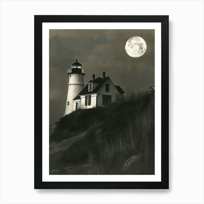 Leuchtturm bei Nacht Kunstdruck gerahmt Wandbild Poster Leinwanddruck Bild