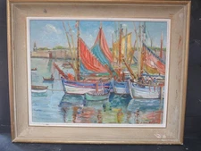 Colourful French Post-Impressionist Oil Harbour View 1956 Signed Fishing Port