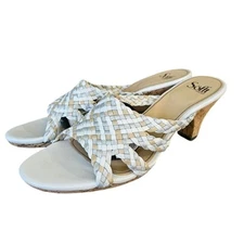 Sofft White Gold Silver Basket Woven Leather Cork Mules Heels Cottage Boho 10W