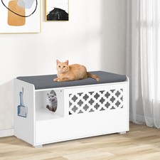 Cat Litter Box Enclosure w/ Removable Cushion  Flip-Down Opening Modern White