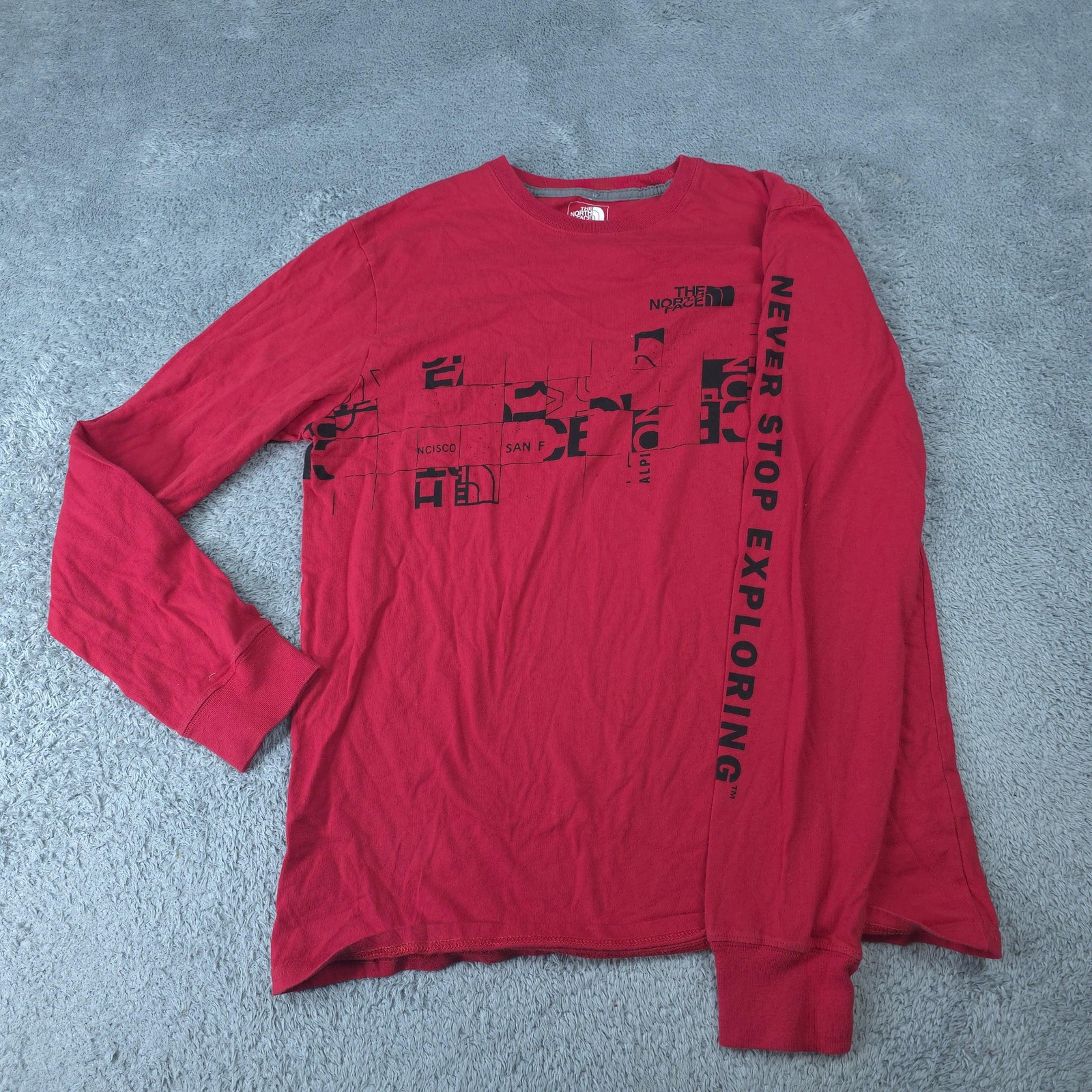 The North Face Shirt Mens Medium Red Long Sleeve Never Stop Exploring Logo Tee