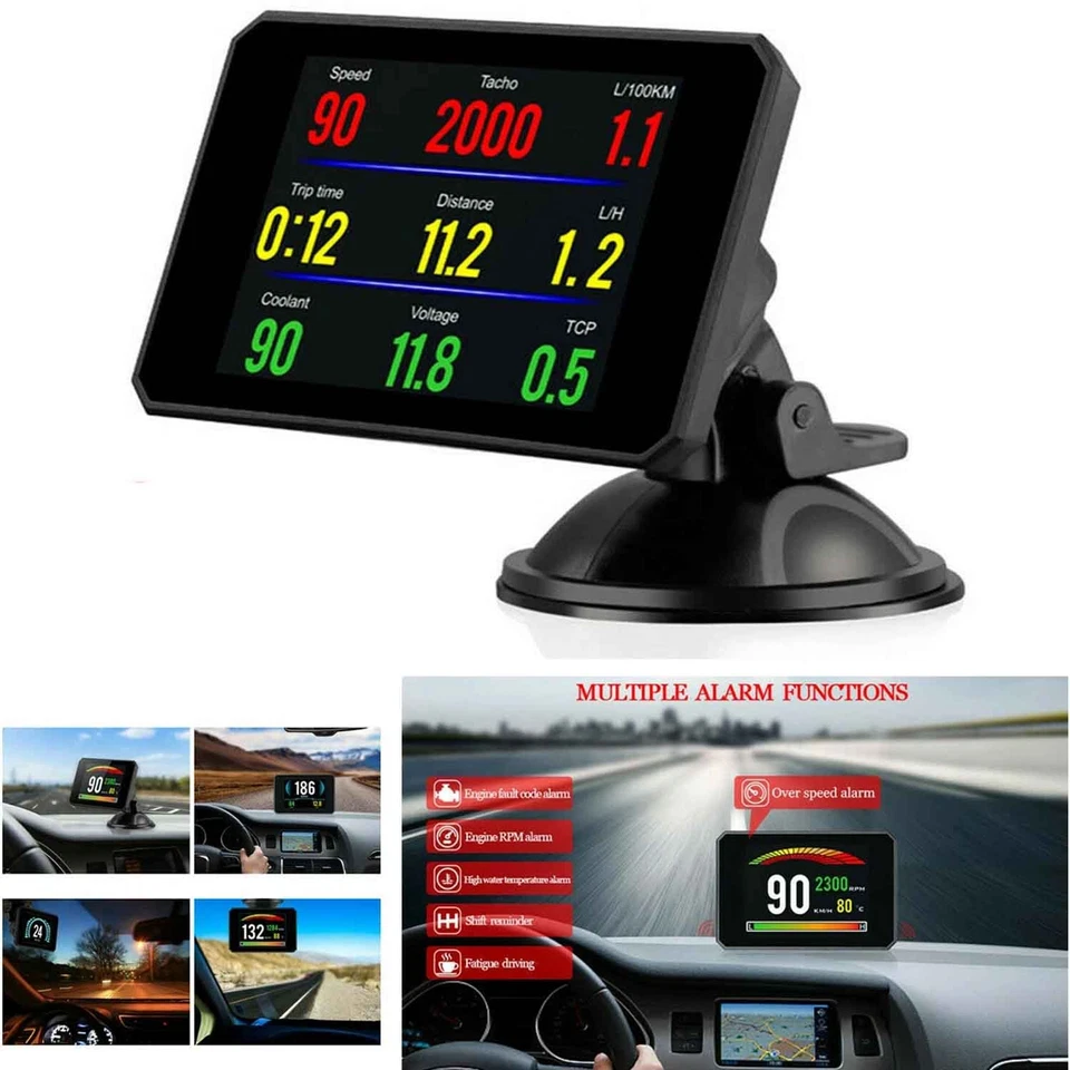 Car OBD2 HUD Head Up Display Speedometer Alarm Oil Water Temp Gauge Monitor NEW - Image 2 of 4