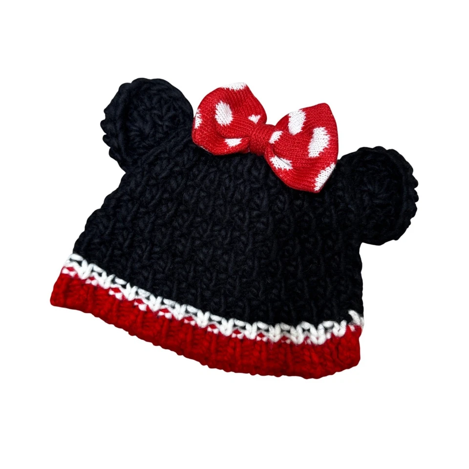 Disney Bebé Minnie Mouse Tejido Sombrero Negro Rojo Arco Talla Única Oreja Sombrero Disfraz Foto Foto 3 de 4