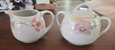 Germany Marked 64 & 77 Cream Creamer & Sugar Bowl Japan Pink Flowers Vintage 