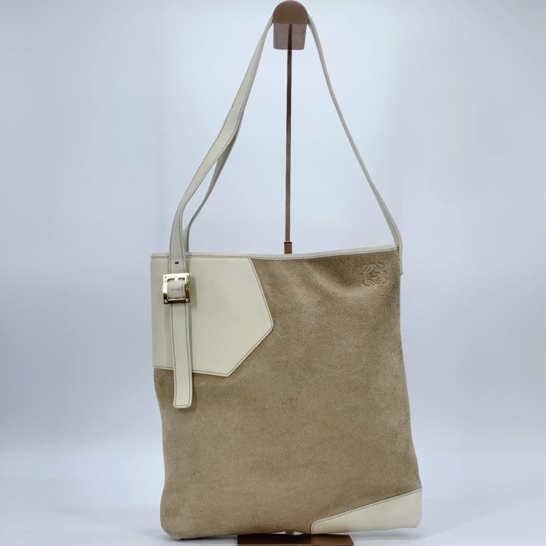 LOEWE One Shoulder Bag Purse Anagram Suede Leather Beige Off White Brown Auth thumbnail 19