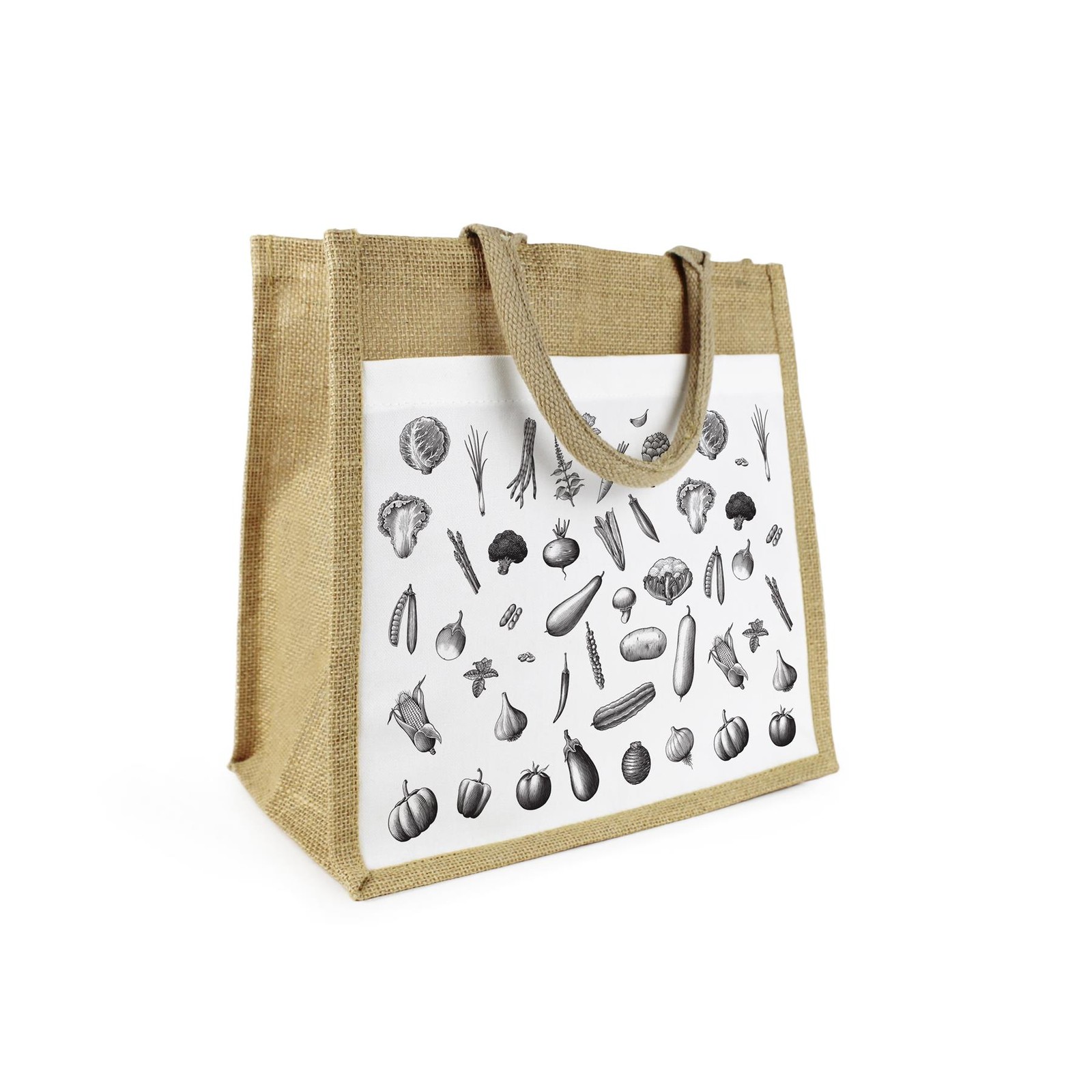 Black & White Vegetables Jute Shopping Bag - Food Themed Reusable Bag Gift