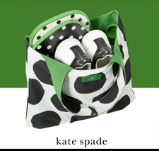 Kate Spade Reversible Tote Shopping Bag Black Polka Dots Green White NEW
