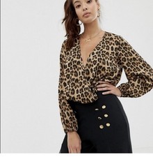 ASOS Women's Leopard Animal Print Long Sleeve Bodysuit Size 4