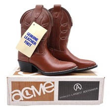 Acme Cowboy Boots Kids Size 10 D Vintage Brown Leather Made in USA NIB 2406