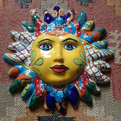 Hand Painted Talavera Mexican Pottery Sun Face Wall Hanging Pool Decor 12''