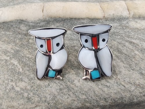 Vintage Zuni Handmade Inlay Sterl Silver Owl Post Earrings attr Pitkin Natewa