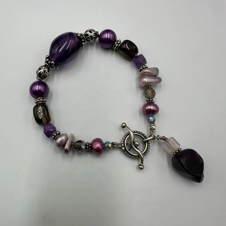 Pulsera artesanal con cuentas perlas de vidrio púrpura cuentas plata de ley palanca 7" Foto 3 de 4