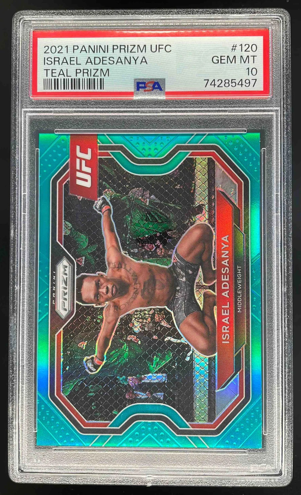 2021 Panini Prizm UFC Teal Prizms #120 Israel Adesanya /49 PSA 10