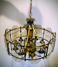 Vintage Mid Century Brass Beveled Glass 11 light Chandelier Pendant Light 20" W